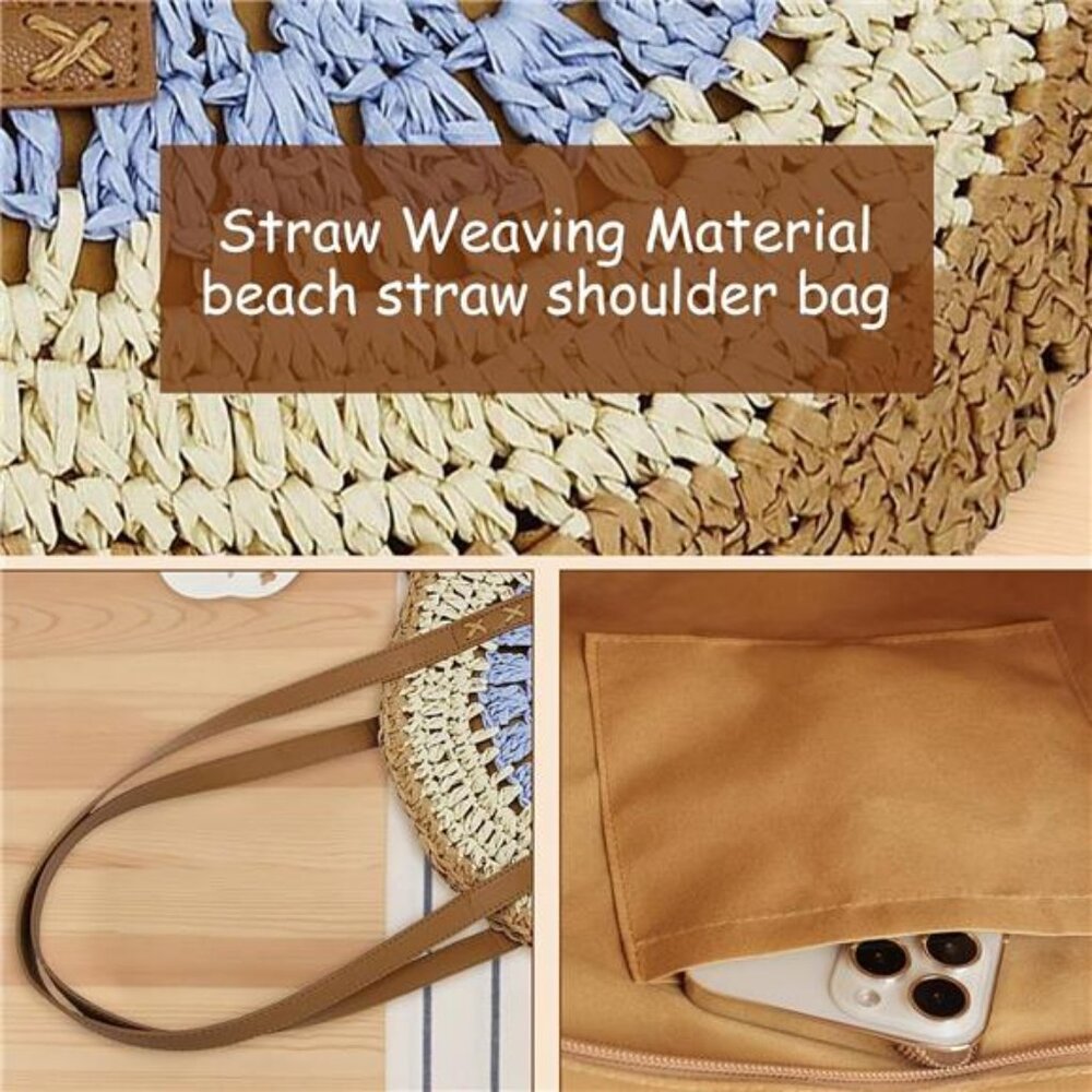 Round Straw Bag Handwoven Natural 02 - Picture 3 of 6